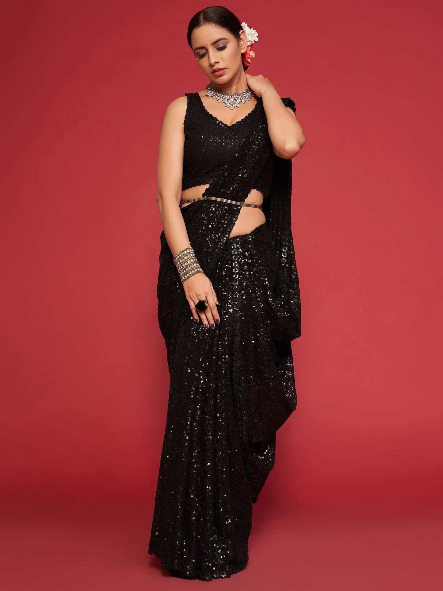 Tulsi Art Black Fully Sequined Georgette Party Wear Saree