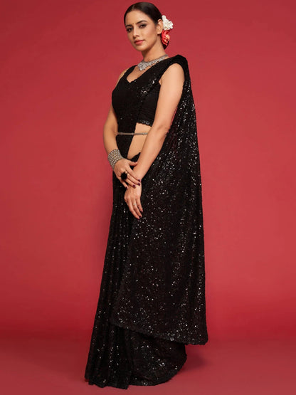 Tulsi Art Black Fully Sequined Georgette Party Wear Saree