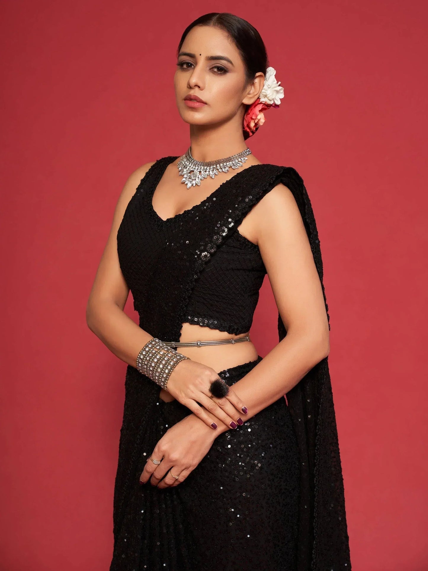 Tulsi Art Black Fully Sequined Georgette Party Wear Saree
