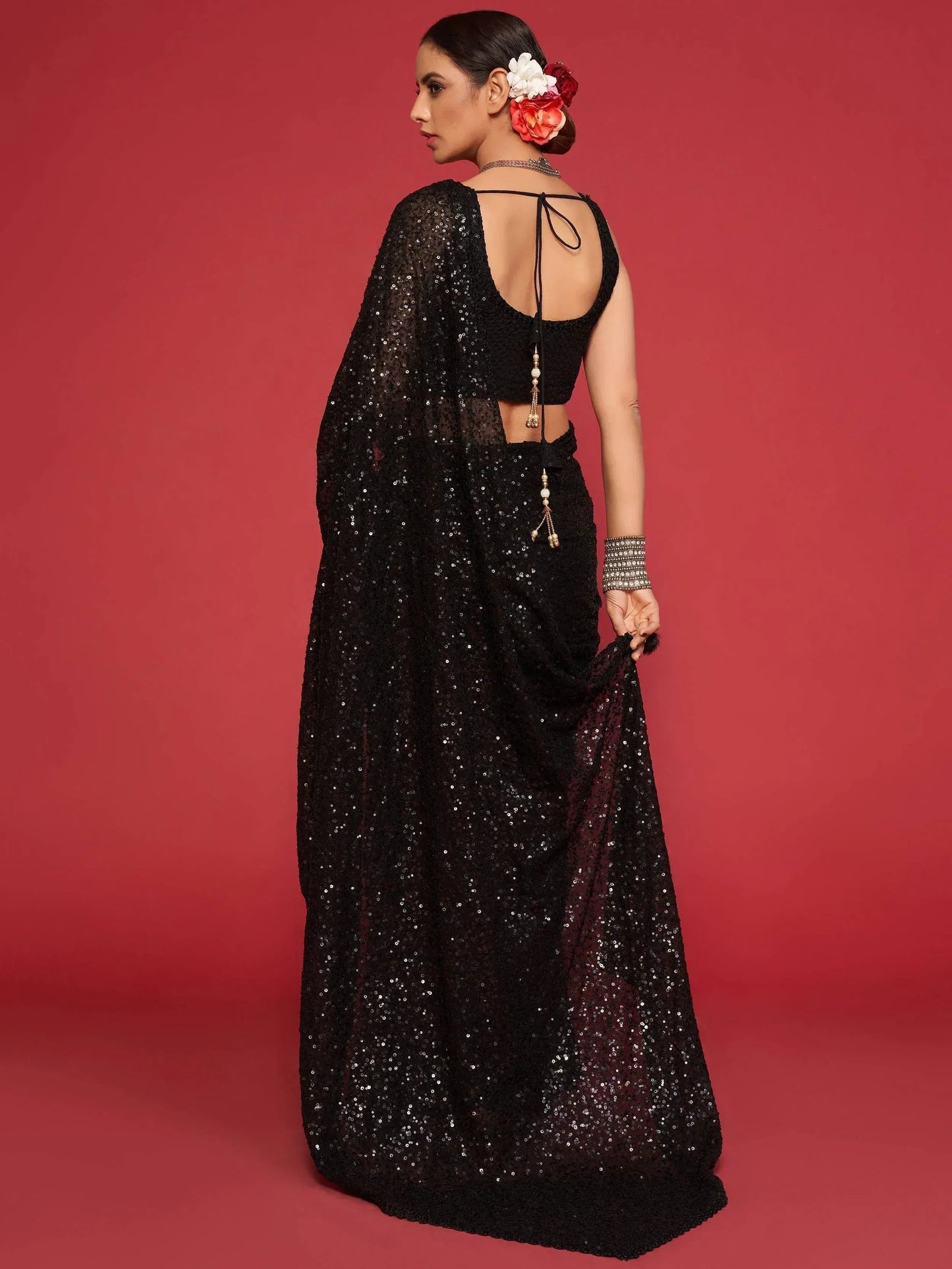 Tulsi Art Black Fully Sequined Georgette Party Wear Saree