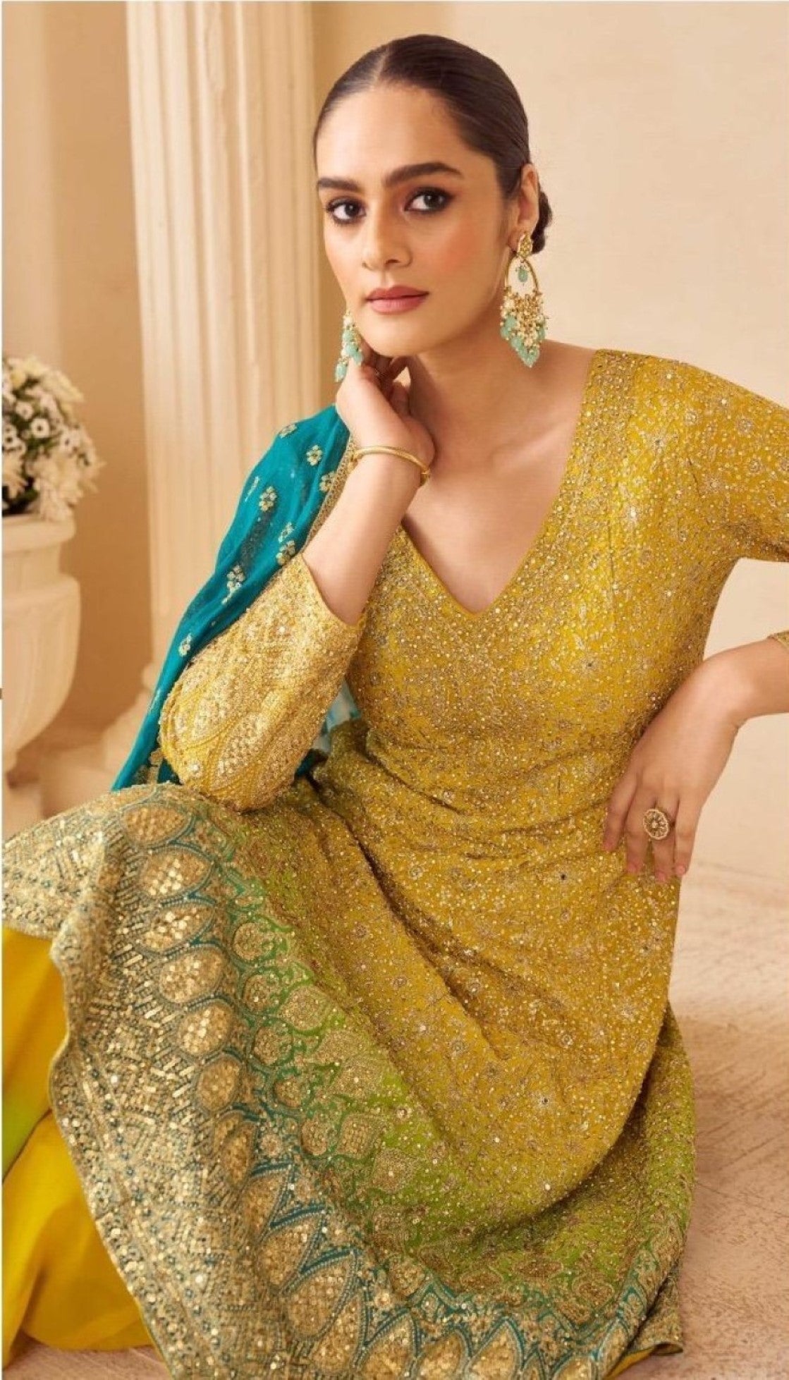 Anaita Yellow Real Georgette Stitched Suit With Sequence & Diamond Work