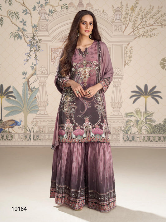 Anaita Purple Crepe Stitched Sharara Suit With Hand Mirror Work