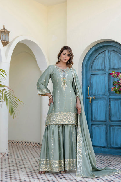 Lorenvalley Fashion Seagreen Chinon Embroidery With 5Mm Sequence Work Kurta Sharara With Dupatta