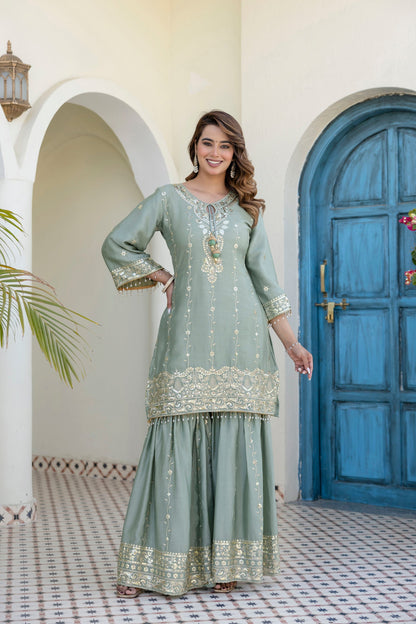 Lorenvalley Fashion Seagreen Chinon Embroidery With 5Mm Sequence Work Kurta Sharara With Dupatta