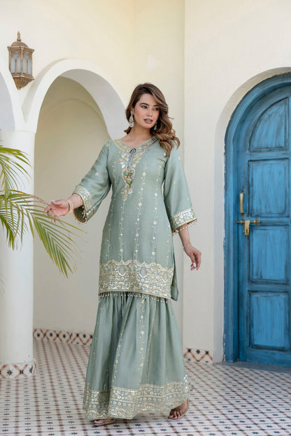 Lorenvalley Fashion Seagreen Chinon Embroidery With 5Mm Sequence Work Kurta Sharara With Dupatta