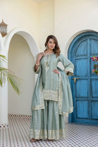 Lorenvalley Fashion Seagreen Chinon Embroidery With 5Mm Sequence Work Kurta Sharara With Dupatta