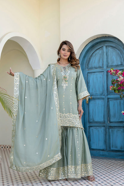 Lorenvalley Fashion Seagreen Chinon Embroidery With 5Mm Sequence Work Kurta Sharara With Dupatta