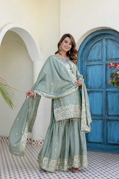 Lorenvalley Fashion Seagreen Chinon Embroidery With 5Mm Sequence Work Kurta Sharara With Dupatta