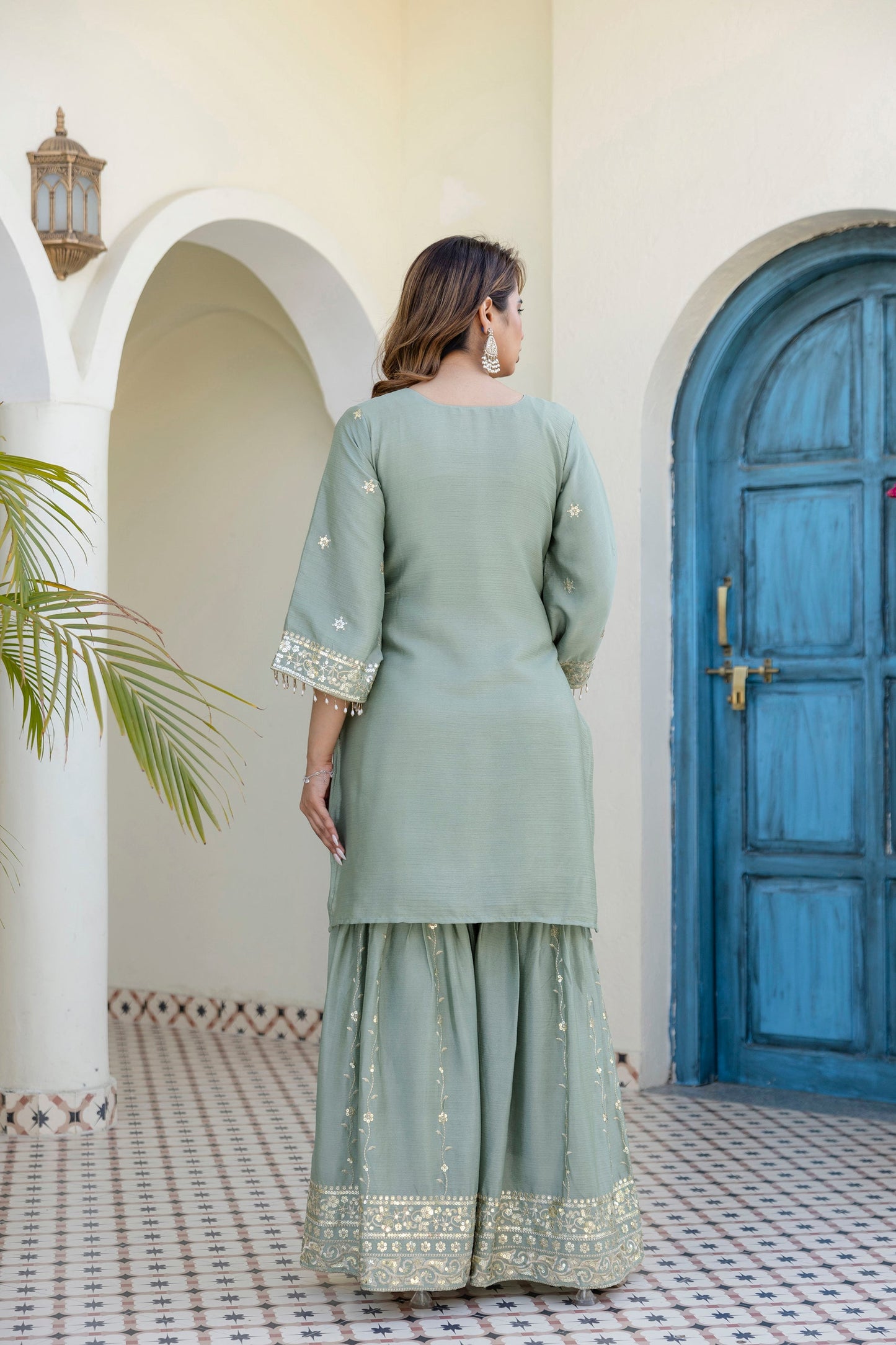 Lorenvalley Fashion Seagreen Chinon Embroidery With 5Mm Sequence Work Kurta Sharara With Dupatta