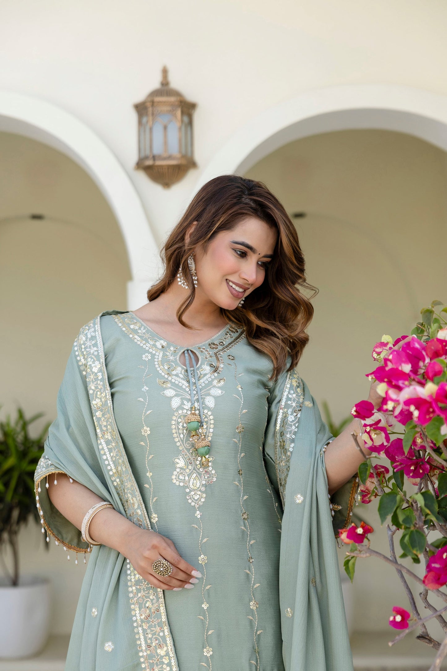 Lorenvalley Fashion Seagreen Chinon Embroidery With 5Mm Sequence Work Kurta Sharara With Dupatta