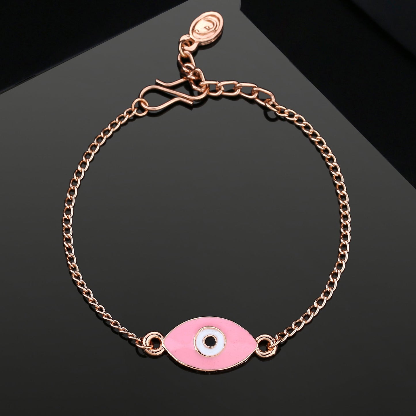 Estele Rose Gold Plated Designer Evil Eye Pink & White Enamel Charm Bracelet