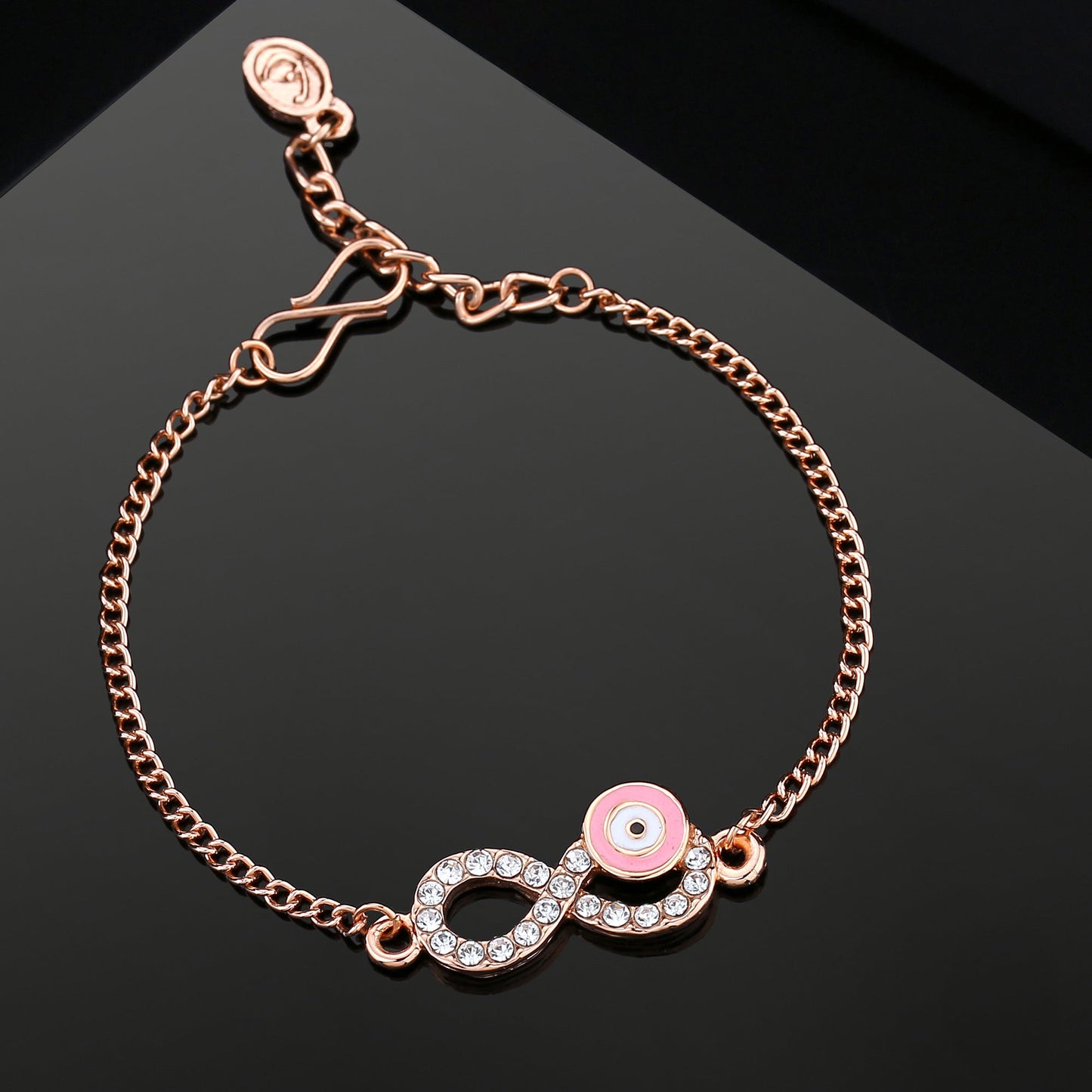 Estele Rose Gold Plated Pink Evil Eye Infinity Charm with Austrian Crystals Bracelet