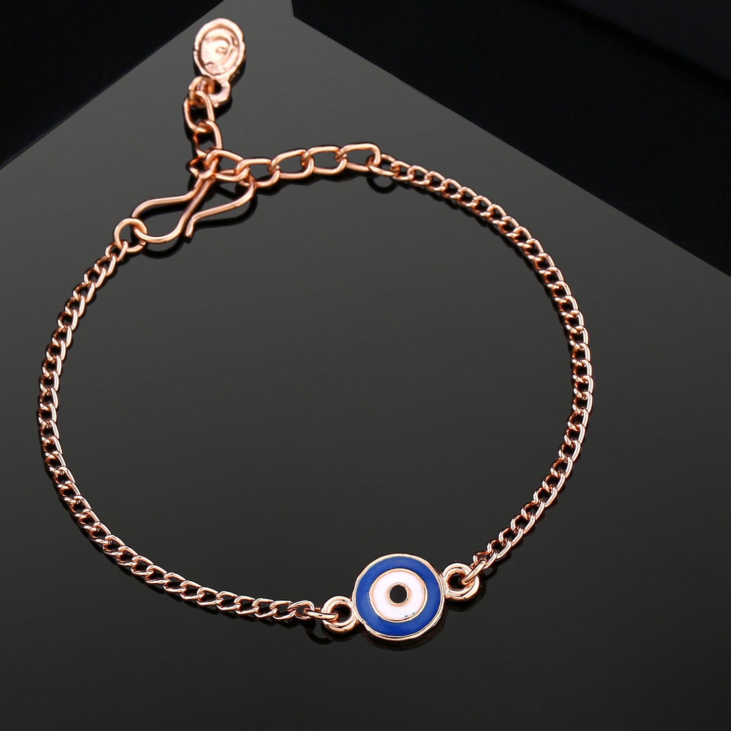 Estele Rose Gold Plated Round Evil Eye Navy Blue & White Charm Bracelet