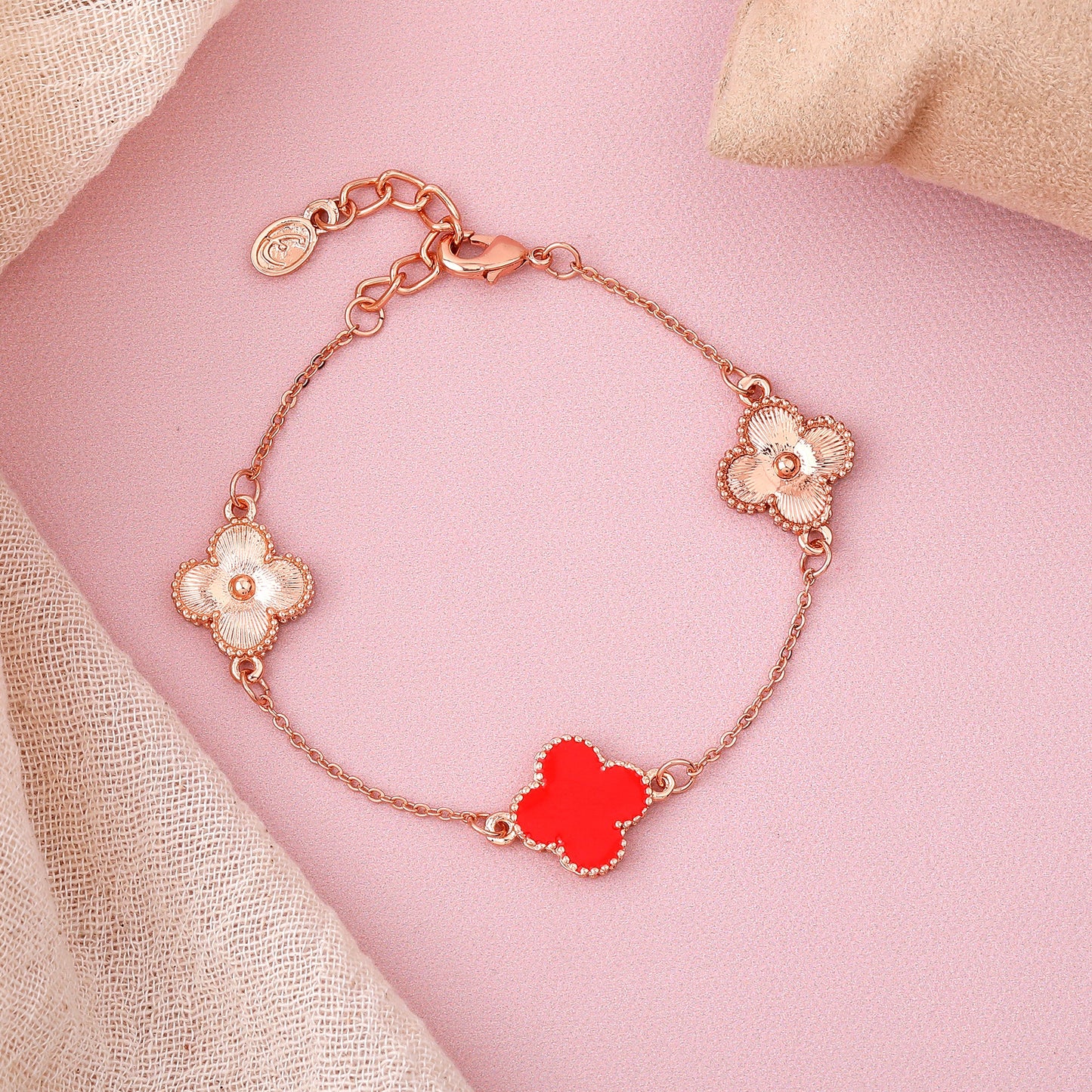 Estele Rosegold Plated Fancy Red Clover Leaf Designer Adjustable Charm Bracelet for Girls and Women