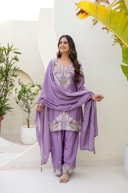 Lorenvalley Fashion Lavender Chinon Embroidery Work With Zardozi Hand Work Kurta Palazzo With Dupatta