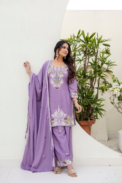 Lorenvalley Fashion Lavender Chinon Embroidery Work With Zardozi Hand Work Kurta Palazzo With Dupatta