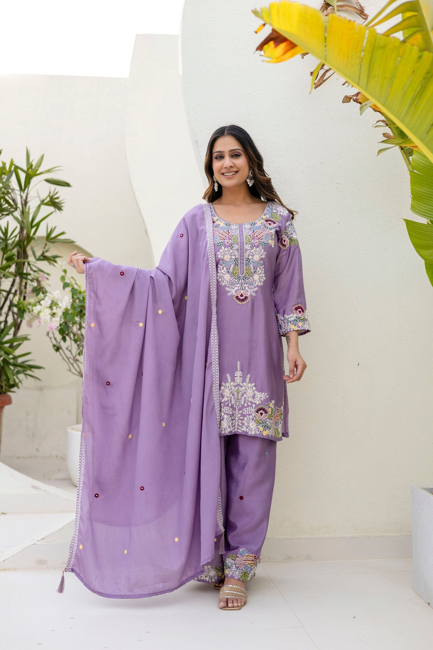 Lorenvalley Fashion Lavender Chinon Embroidery Work With Zardozi Hand Work Kurta Palazzo With Dupatta