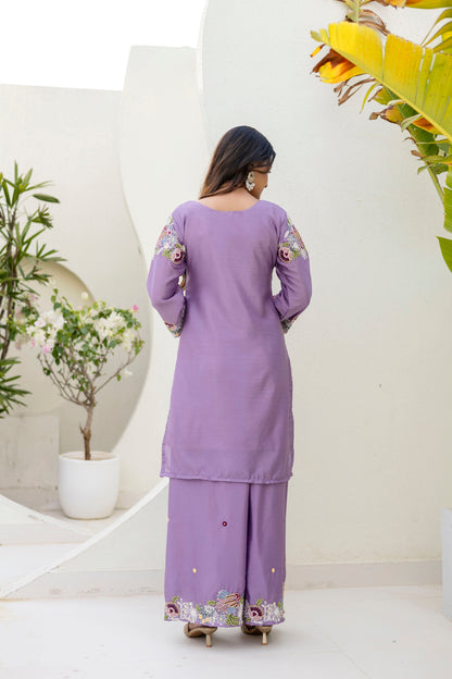 Lorenvalley Fashion Lavender Chinon Embroidery Work With Zardozi Hand Work Kurta Palazzo With Dupatta