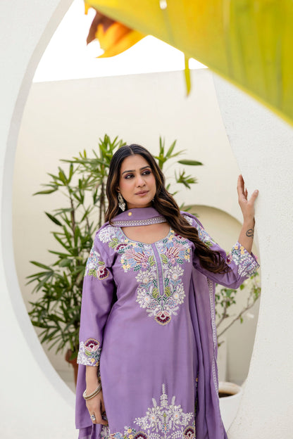 Lorenvalley Fashion Lavender Chinon Embroidery Work With Zardozi Hand Work Kurta Palazzo With Dupatta