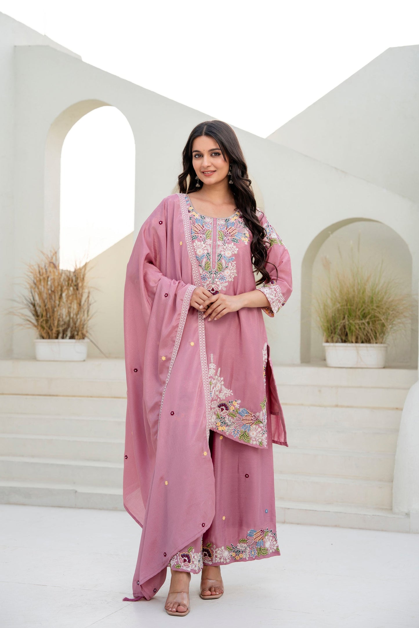 Lorenvalley Fashion Pink Chinon Embroidery Work With Zardozi Hand Work Kurta Palazzo With Dupatta