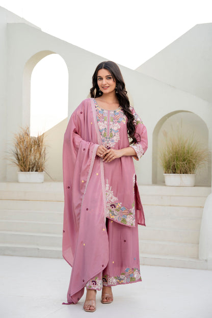 Lorenvalley Fashion Pink Chinon Embroidery Work With Zardozi Hand Work Kurta Palazzo With Dupatta