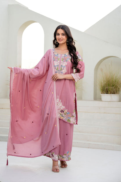 Lorenvalley Fashion Pink Chinon Embroidery Work With Zardozi Hand Work Kurta Palazzo With Dupatta