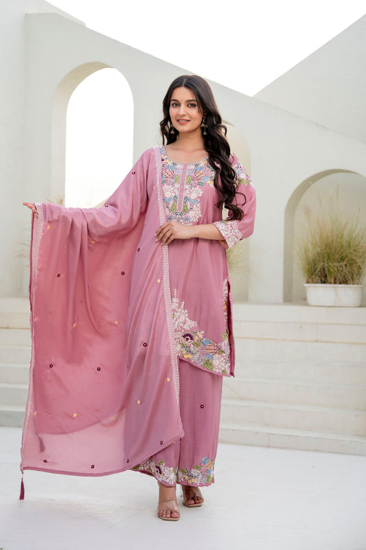Lorenvalley Fashion Pink Chinon Embroidery Work With Zardozi Hand Work Kurta Palazzo With Dupatta