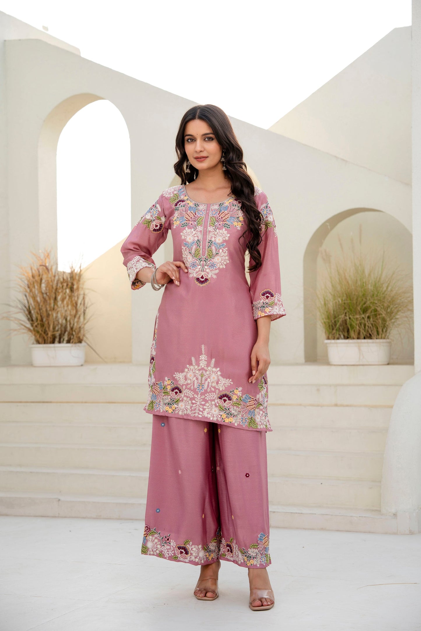 Lorenvalley Fashion Pink Chinon Embroidery Work With Zardozi Hand Work Kurta Palazzo With Dupatta