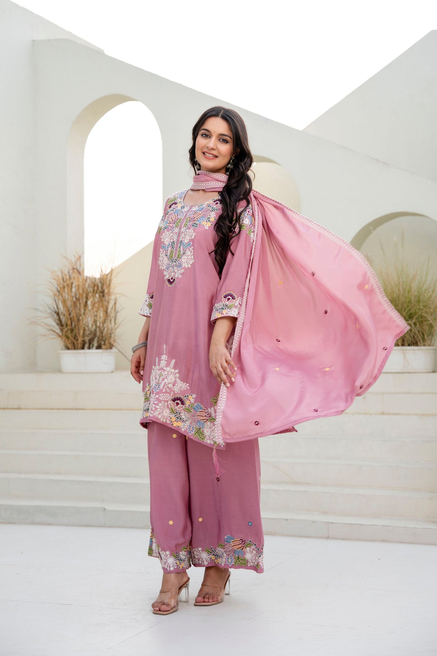 Lorenvalley Fashion Pink Chinon Embroidery Work With Zardozi Hand Work Kurta Palazzo With Dupatta