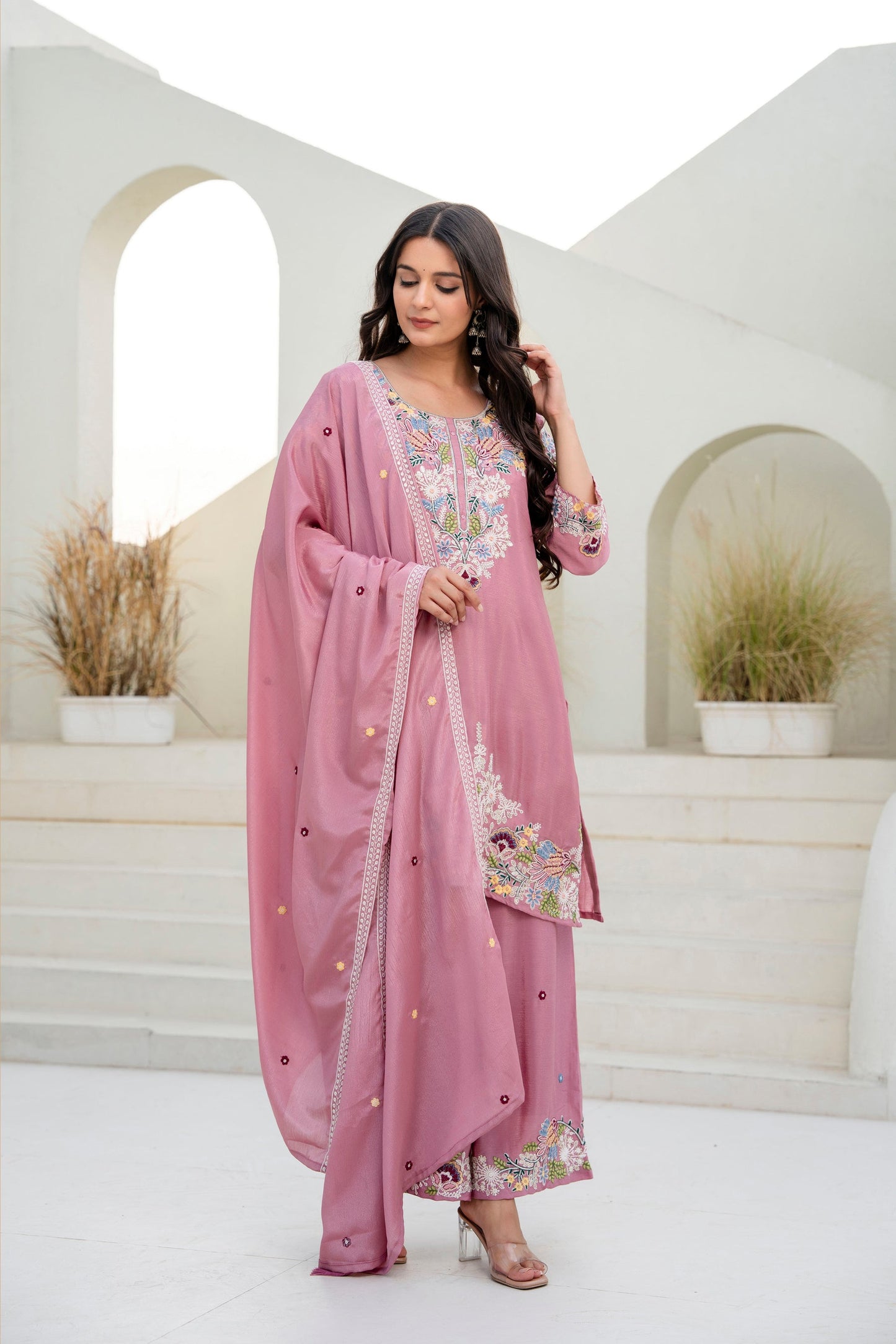 Lorenvalley Fashion Pink Chinon Embroidery Work With Zardozi Hand Work Kurta Palazzo With Dupatta