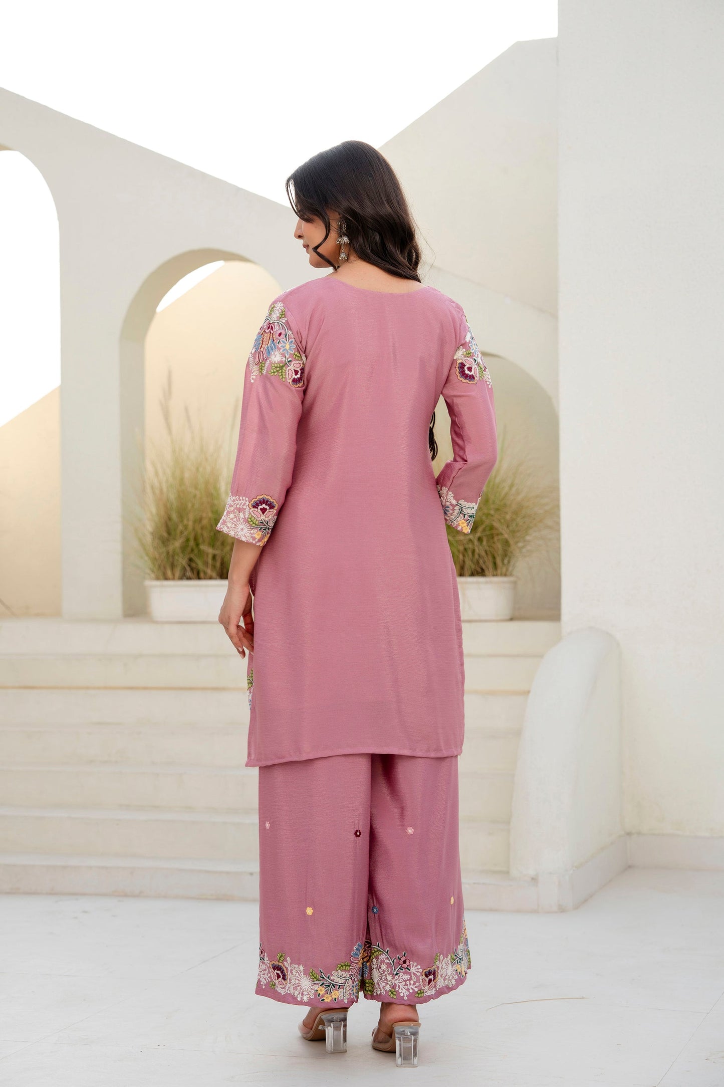 Lorenvalley Fashion Pink Chinon Embroidery Work With Zardozi Hand Work Kurta Palazzo With Dupatta