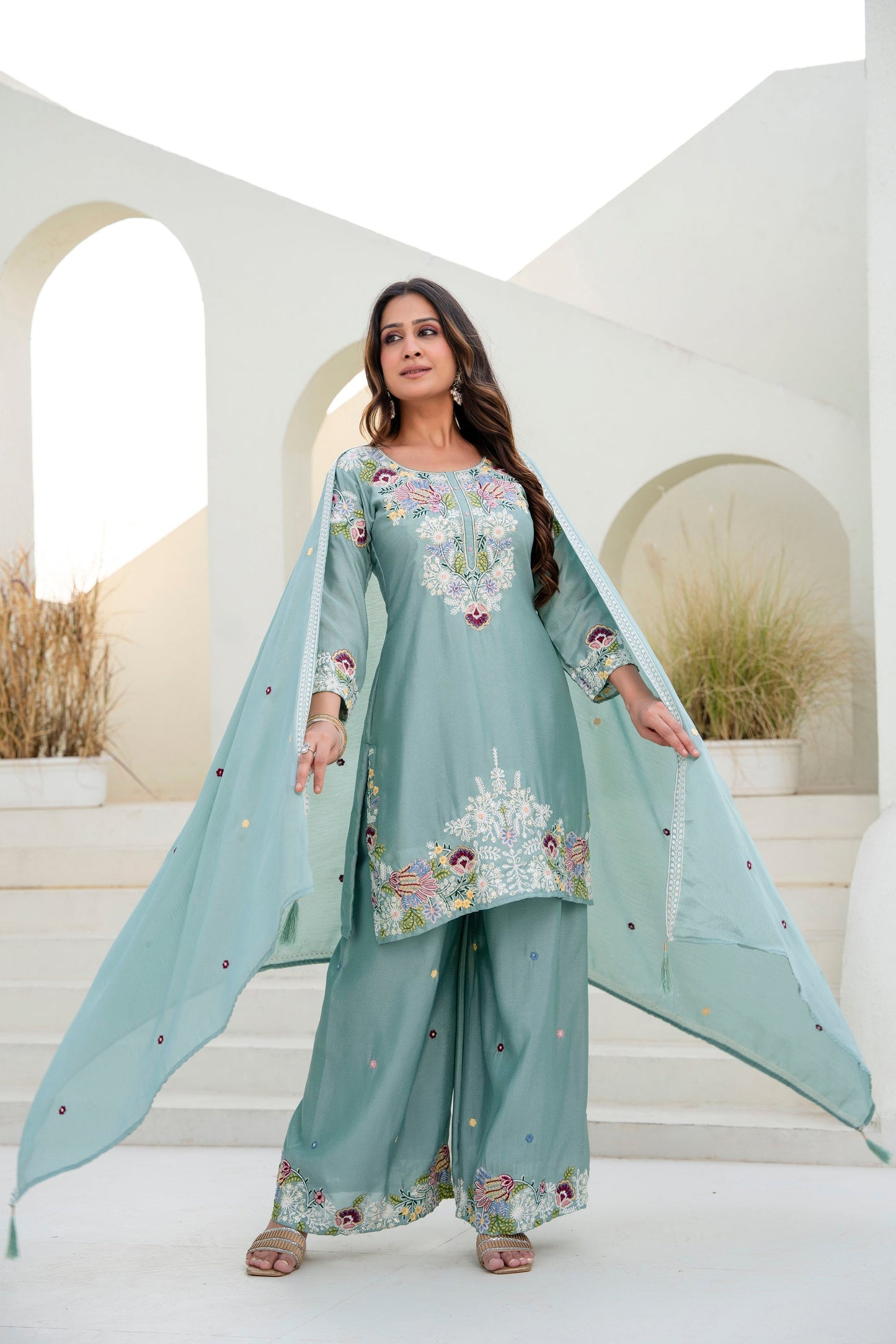 Lorenvalley Fashion Seagreen Chinon Embroidery Work With Zardozi Hand Work Kurta Palazzo With Dupatta