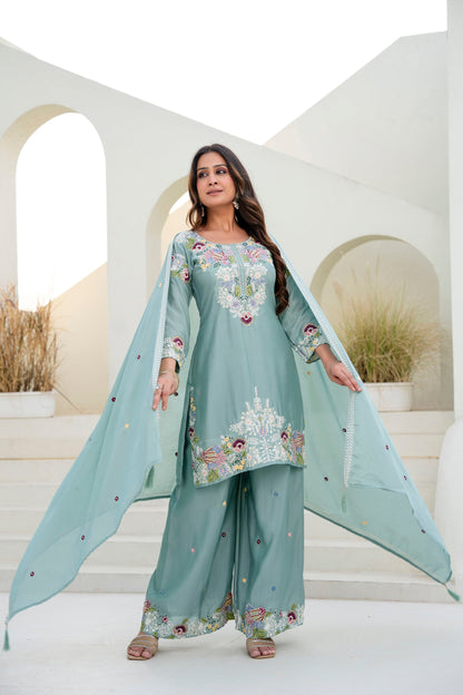 Lorenvalley Fashion Seagreen Chinon Embroidery Work With Zardozi Hand Work Kurta Palazzo With Dupatta