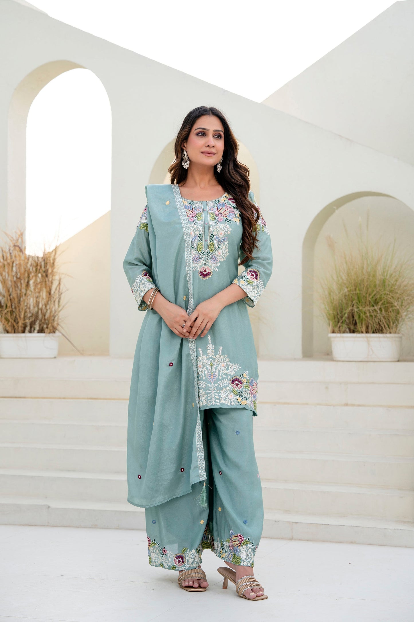Lorenvalley Fashion Seagreen Chinon Embroidery Work With Zardozi Hand Work Kurta Palazzo With Dupatta