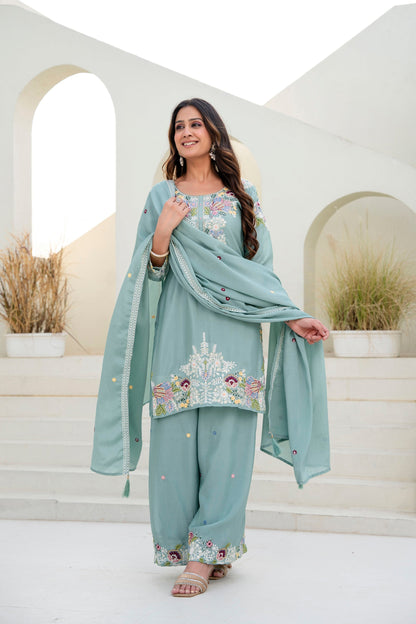 Lorenvalley Fashion Seagreen Chinon Embroidery Work With Zardozi Hand Work Kurta Palazzo With Dupatta