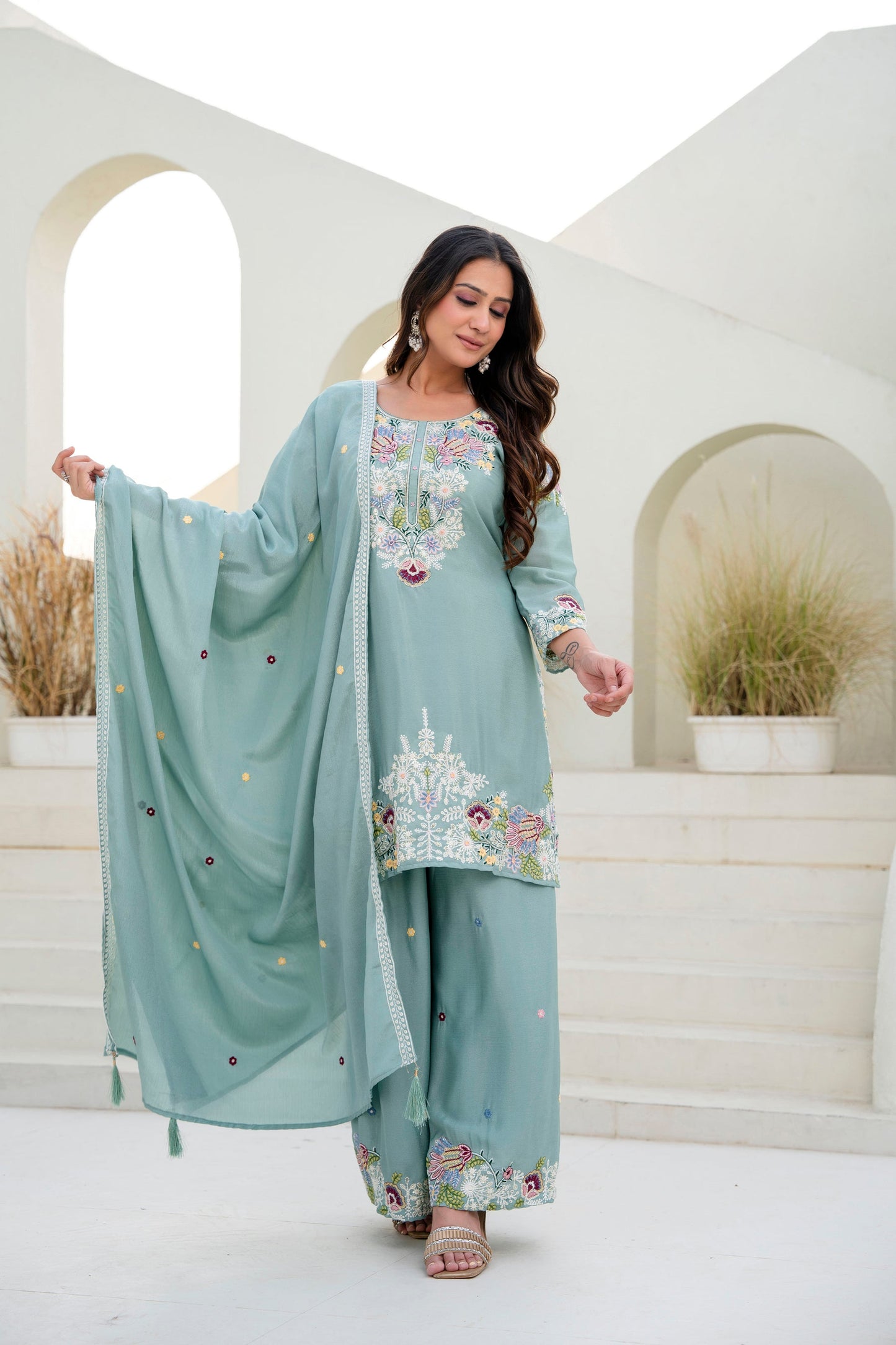 Lorenvalley Fashion Seagreen Chinon Embroidery Work With Zardozi Hand Work Kurta Palazzo With Dupatta