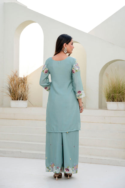 Lorenvalley Fashion Seagreen Chinon Embroidery Work With Zardozi Hand Work Kurta Palazzo With Dupatta
