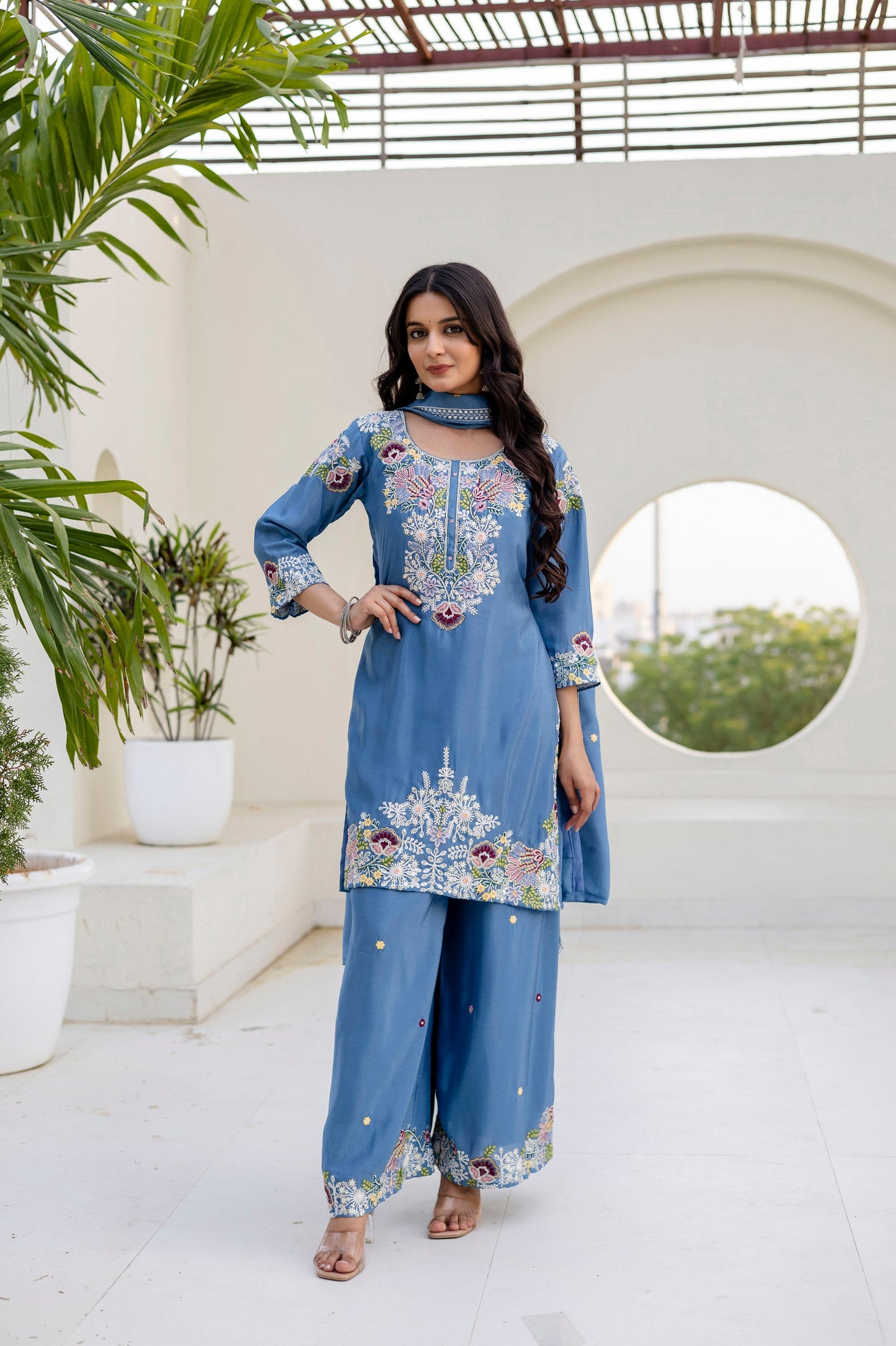 Lorenvalley Fashion Skyblue Chinon Embroidery Work With Zardozi Hand Work Kurta Palazzo With Dupatta