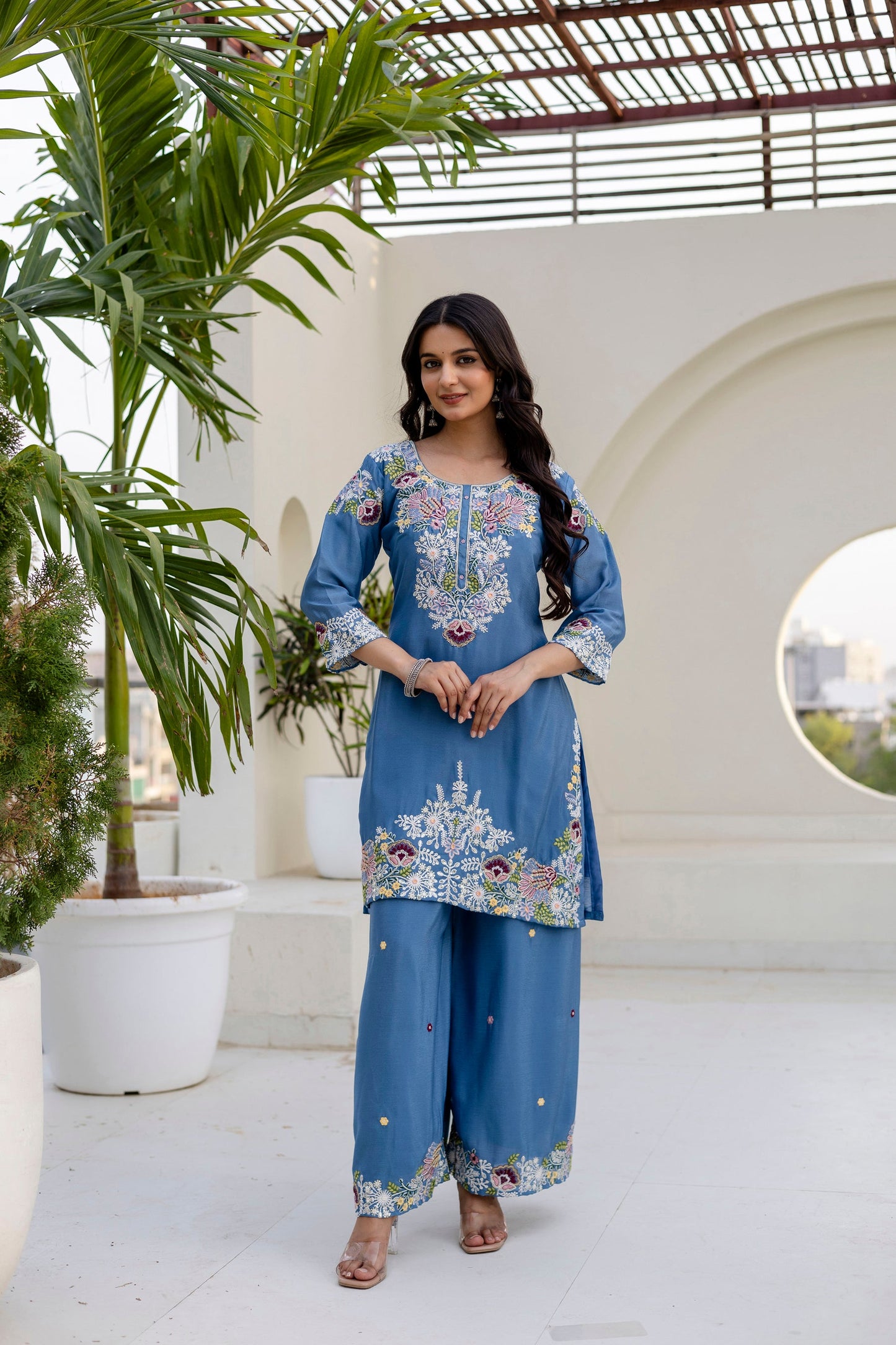 Lorenvalley Fashion Skyblue Chinon Embroidery Work With Zardozi Hand Work Kurta Palazzo With Dupatta