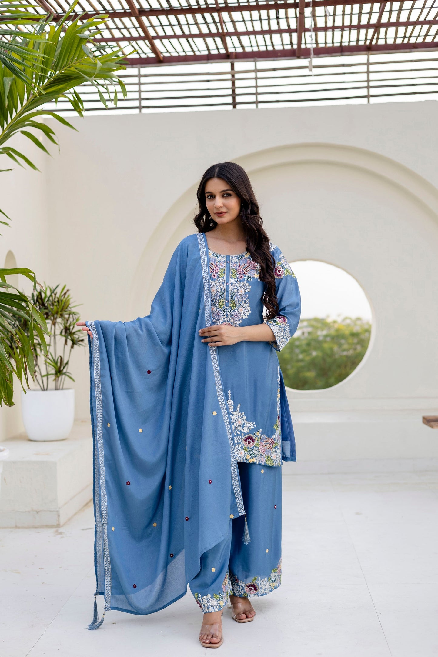 Lorenvalley Fashion Skyblue Chinon Embroidery Work With Zardozi Hand Work Kurta Palazzo With Dupatta