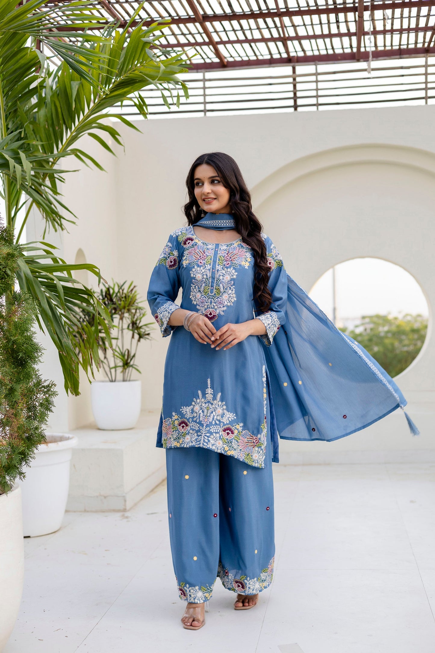 Lorenvalley Fashion Skyblue Chinon Embroidery Work With Zardozi Hand Work Kurta Palazzo With Dupatta