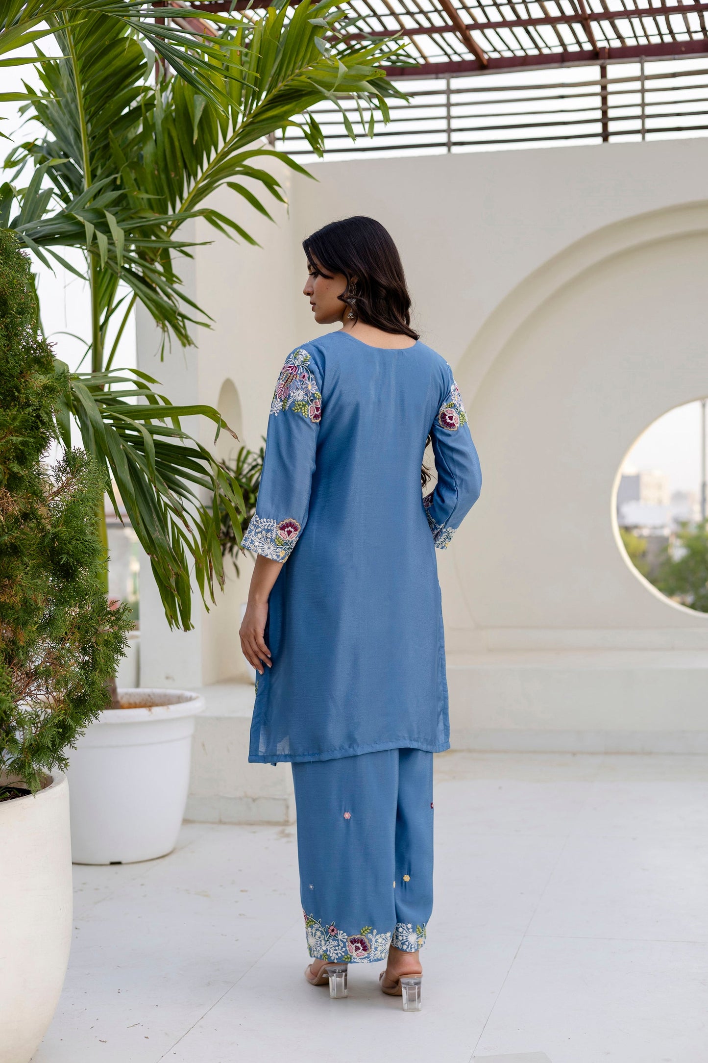 Lorenvalley Fashion Skyblue Chinon Embroidery Work With Zardozi Hand Work Kurta Palazzo With Dupatta