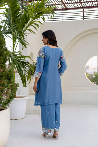 Lorenvalley Fashion Skyblue Chinon Embroidery Work With Zardozi Hand Work Kurta Palazzo With Dupatta
