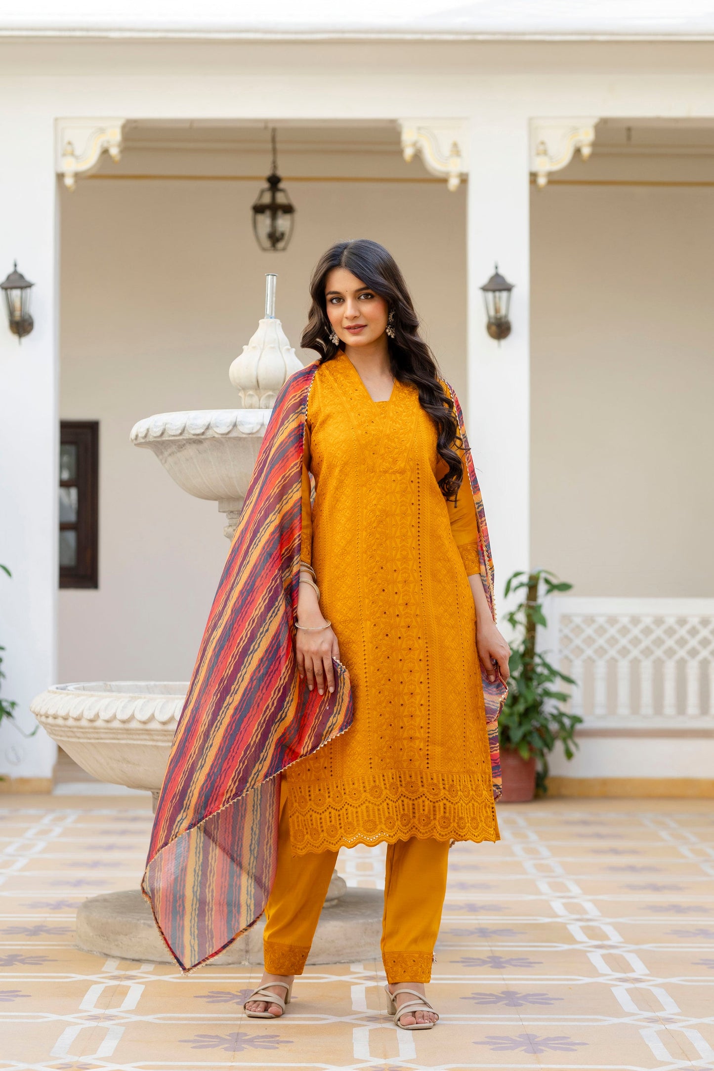 Lorenvalley Fashion Mustard Roman Silk Chikan Kari Work Kurta Pant With Dupatta