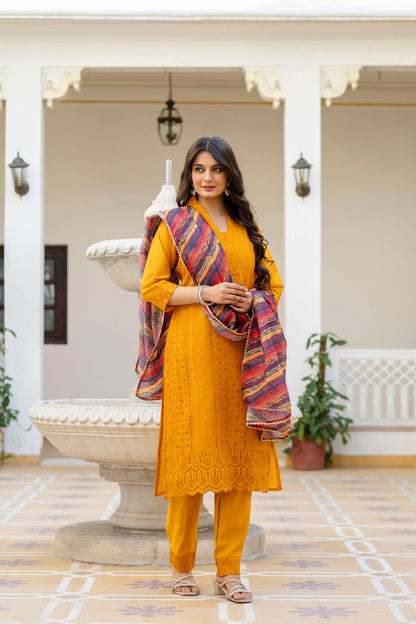 Lorenvalley Fashion Mustard Roman Silk Chikan Kari Work Kurta Pant With Dupatta