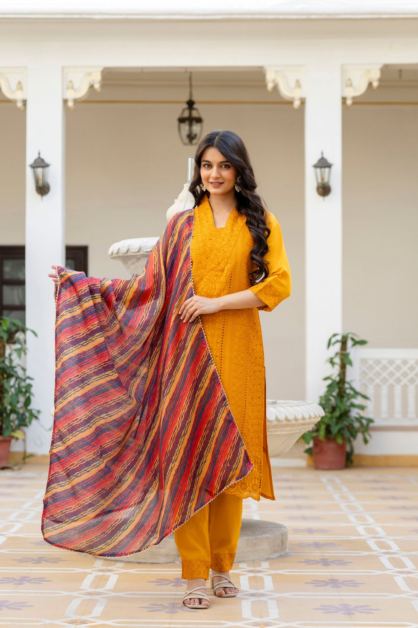 Lorenvalley Fashion Mustard Roman Silk Chikan Kari Work Kurta Pant With Dupatta