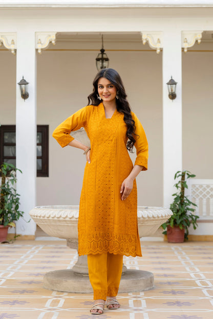Lorenvalley Fashion Mustard Roman Silk Chikan Kari Work Kurta Pant With Dupatta