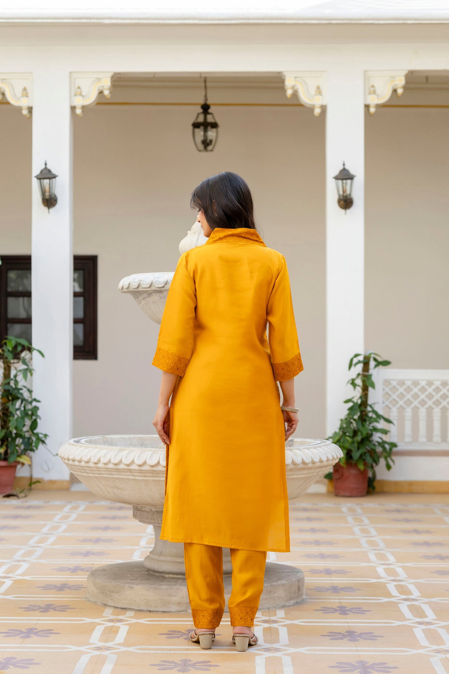 Lorenvalley Fashion Mustard Roman Silk Chikan Kari Work Kurta Pant With Dupatta