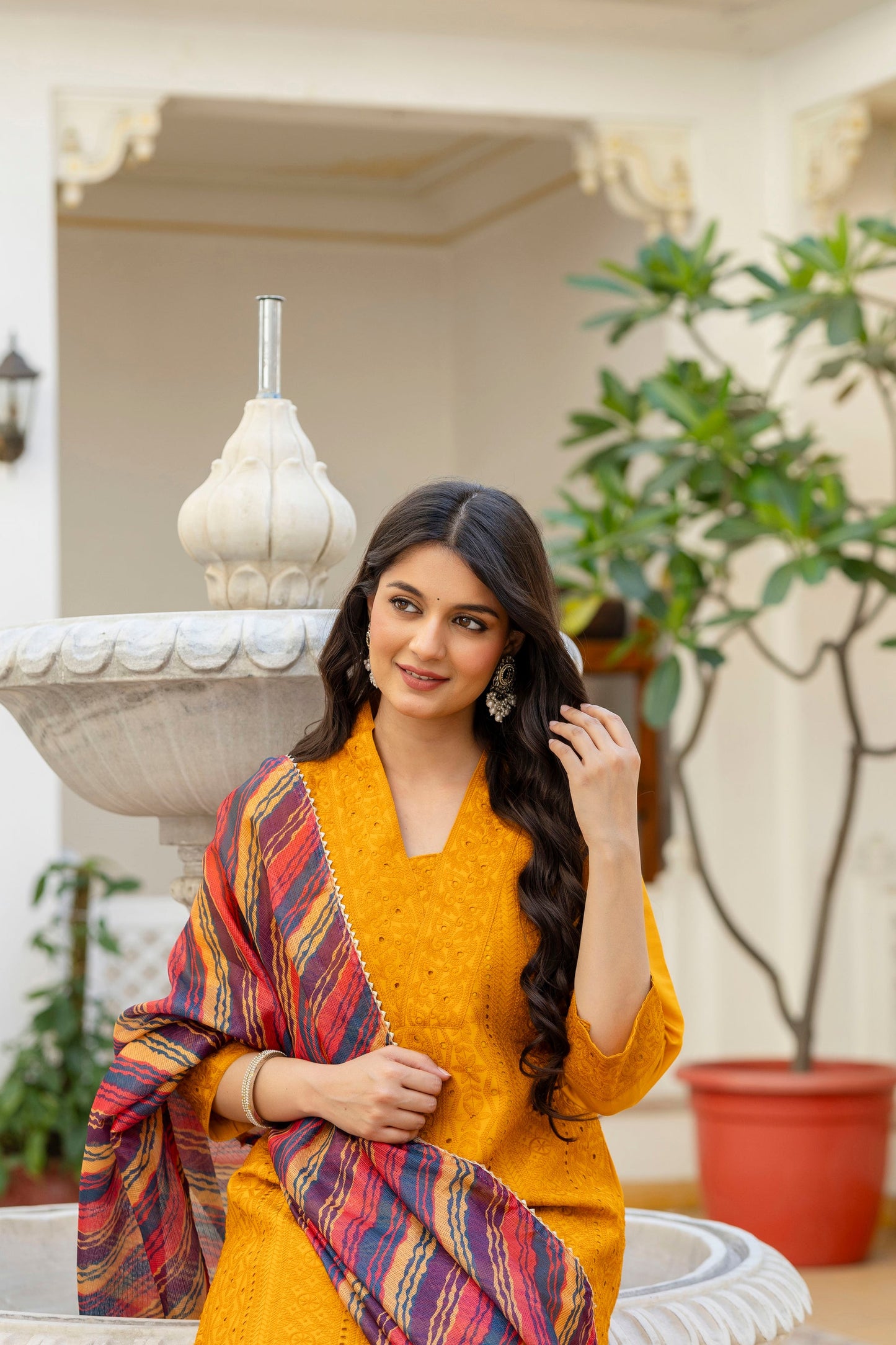 Lorenvalley Fashion Mustard Roman Silk Chikan Kari Work Kurta Pant With Dupatta