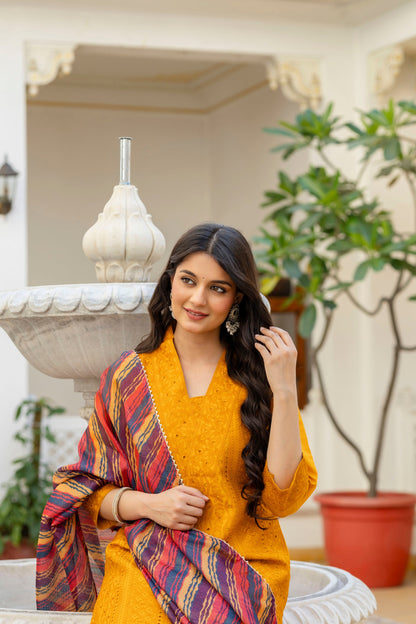 Lorenvalley Fashion Mustard Roman Silk Chikan Kari Work Kurta Pant With Dupatta